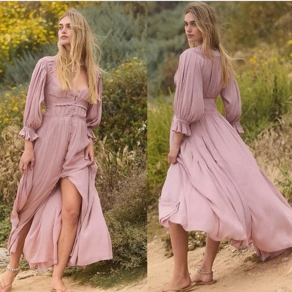 Free People Magdalia Maxi Dress Pale Mauve Long Sleeve Crochet Lace - Picture 1 of 9
